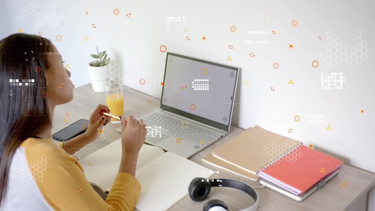 Student pausing at laptop, twirling pencil, checking notes while studying, overlay moving over desk