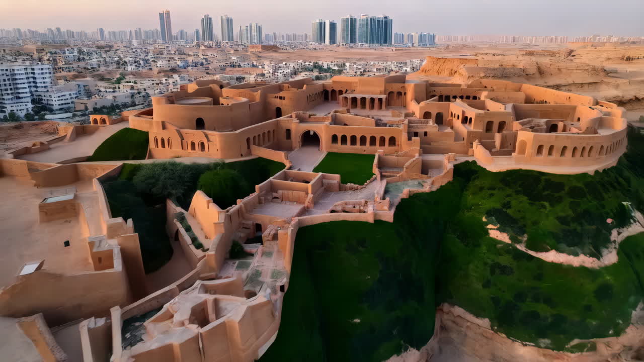 Aerial View of an Ancient Fortress in the Desert