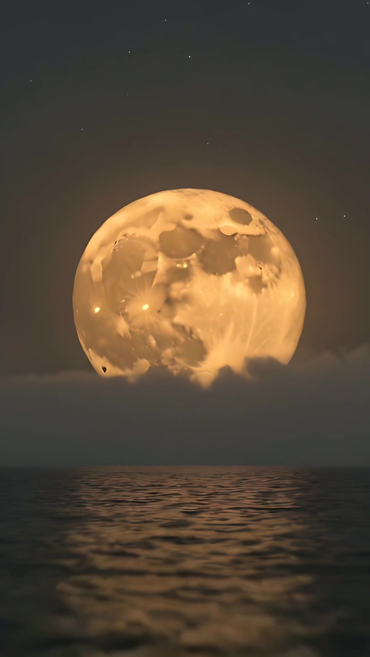 Vídeo vertical: Lua cheia nascendo mostrando crateras, nuvens baixas se dissipando sobre o mar, projetando reflexo