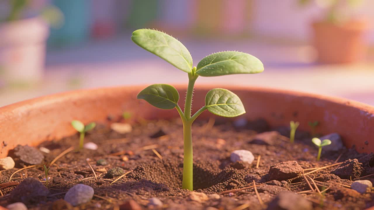 Germoglio che spunta dal terreno dispiegando i cotiledoni e sviluppando le foglie vere, in un vaso di terracotta sul patio illuminato dal sole.