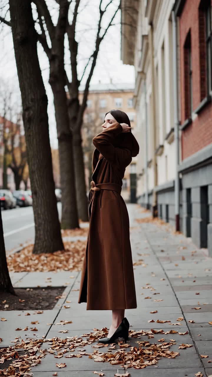 Una donna con un lungo cappotto marrone in posa su una strada cittadina autunnale