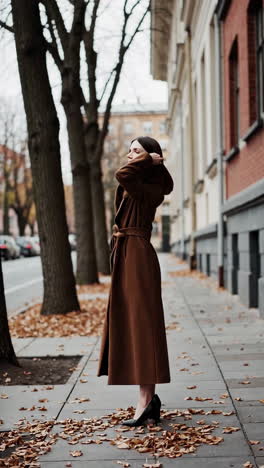 a woman in a long brown coat posing on an autumn city street