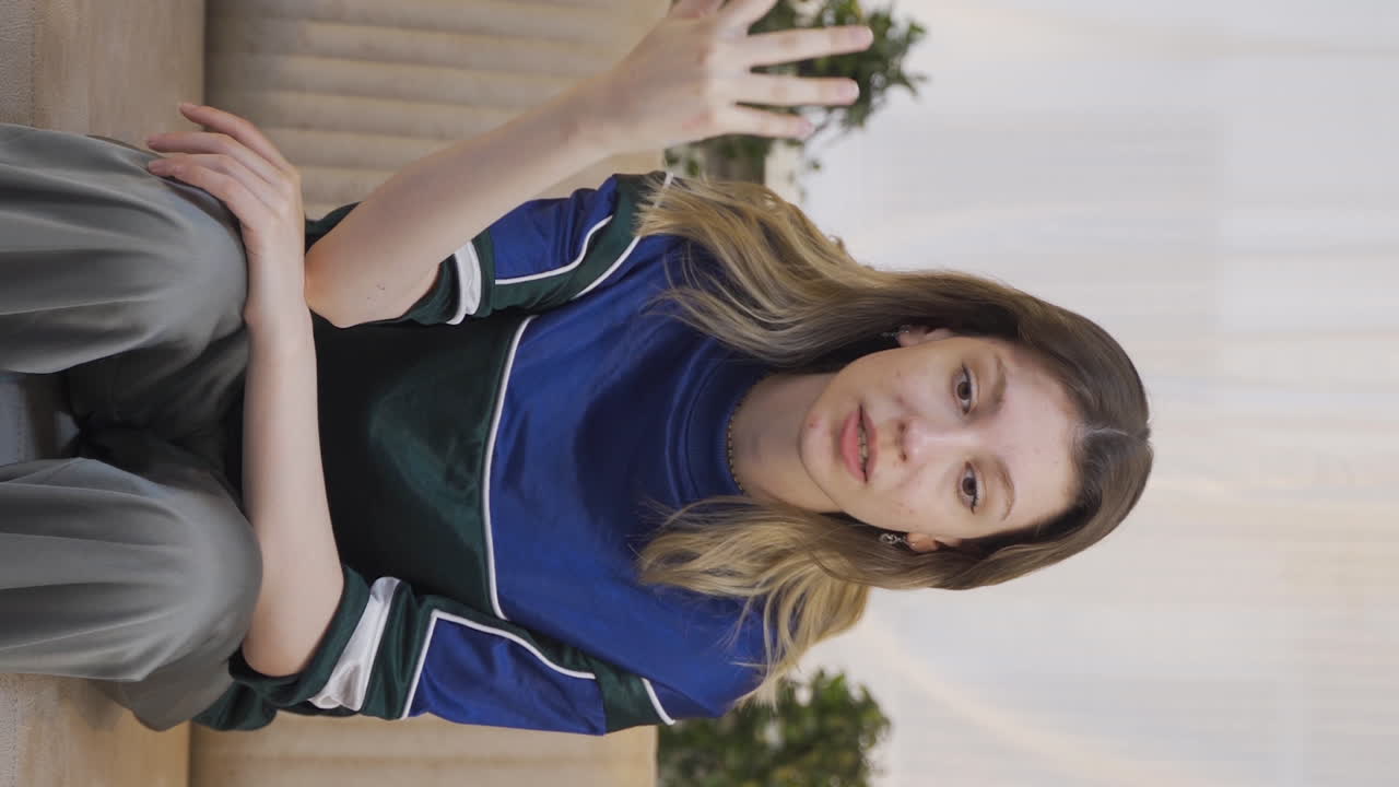 의심스러운 젊은 여성의 수직 비디오가 생각합니다.