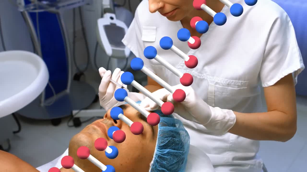 анимация днк-потока над кавказской женщиной-доктором и двухрасовым мужчиной, получающим инъекцию ботокса