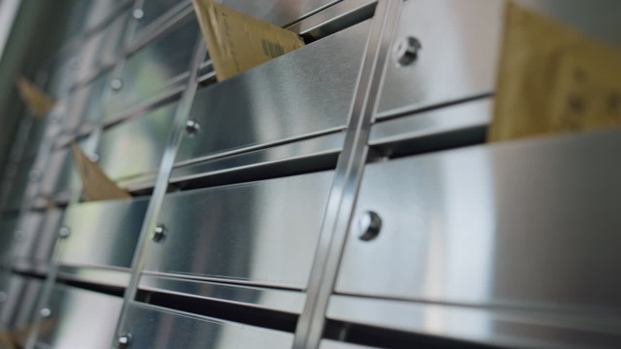 la mano de primer plano tomando el correo fuera de los casilleros de la caja de correo. el dueño de la casa comprobando la correspondencia