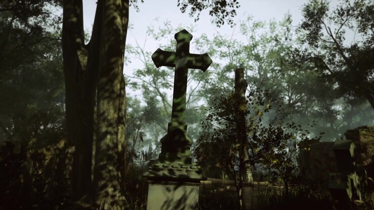 Ombre mistiche danzano tra alberi antichi in un cimitero dimenticato.