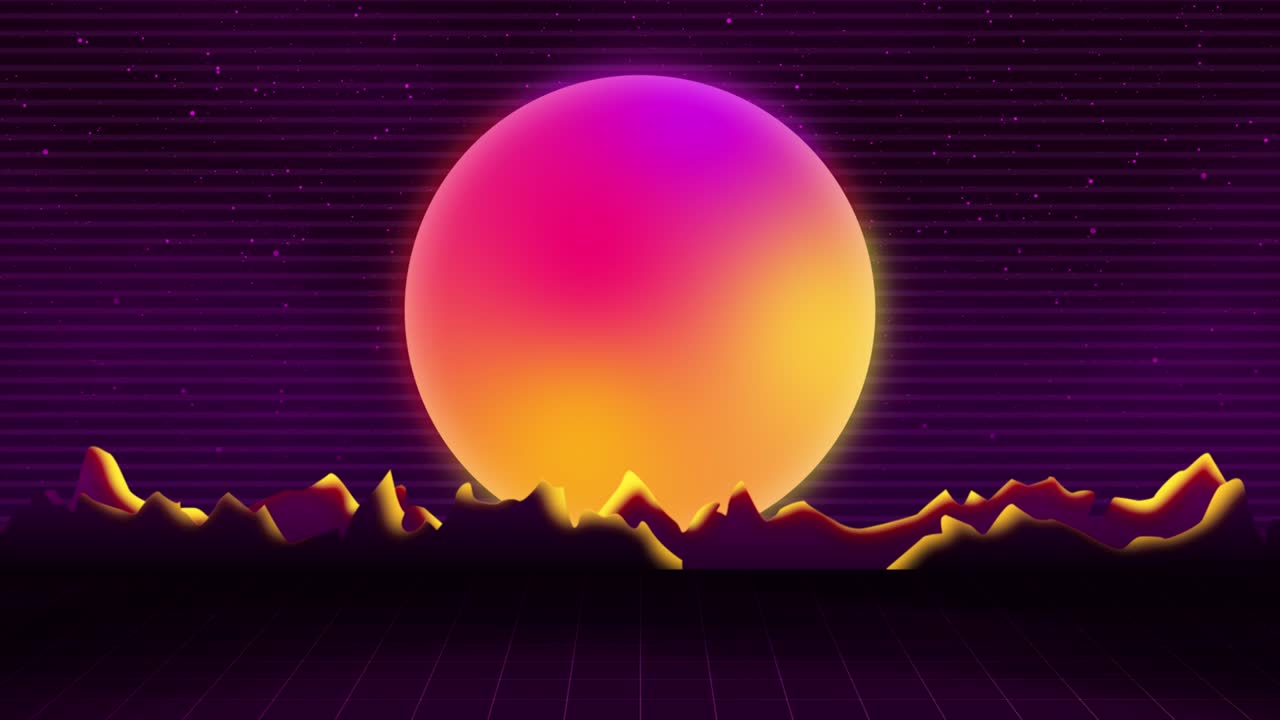 synthwave wireframe net. puesta de sol sobre las montañas. estilo de los años 80, fondo de futurismo retro. intro de vhs. estilo cyberpunk. paisaje de horizonte, luces de neón, cielo estrellado. bucle sin costuras vintage. vaporwave