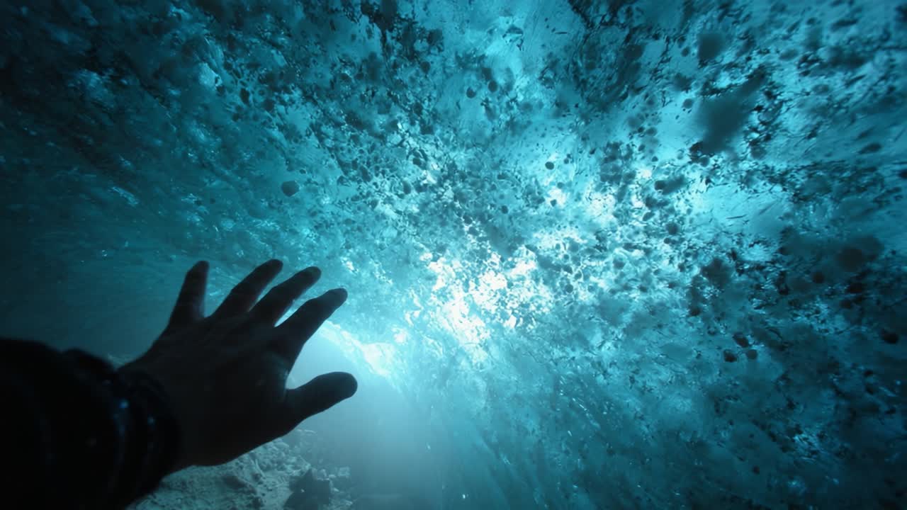 A mesmerizing underwater scene captures the breathtaking beauty of sunlight penetrating through a crystalline wave, creating a dynamic visual tapestry of bubbles, shadows, and aquatic wonder