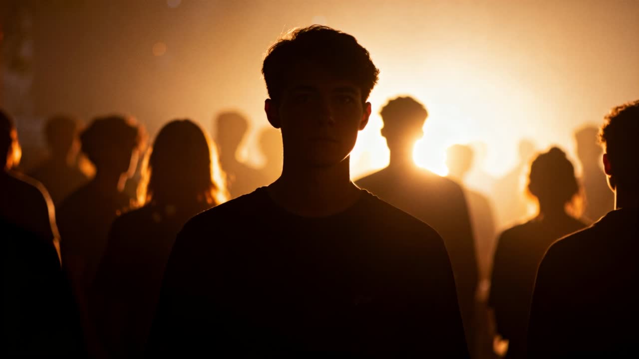 Silhouette di uomo in maglietta scura in piedi al centro del palco, con retroilluminazione che sale, foschia luminosa e folla che si sposta
