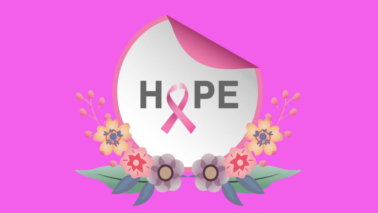 Animazione del logo del nastro rosa con la scritta "cancro" e fiori che appaiono su sfondo rosa