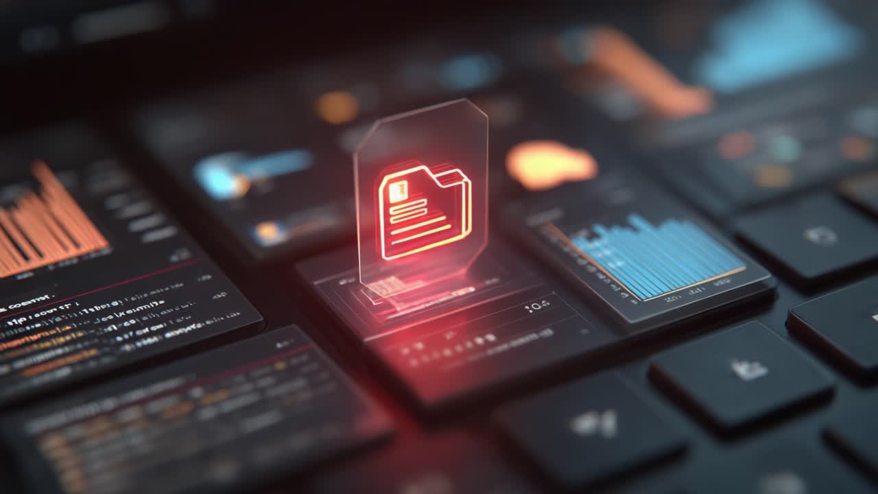 A futuristic digital interface featuring a glowing file icon on a keyboard, showcasing data visualization and technology integration, highlighting innovation in information management