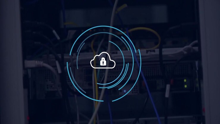 After GUI fading in, cloud padlock icon signaling security check with rings rotating pulsing