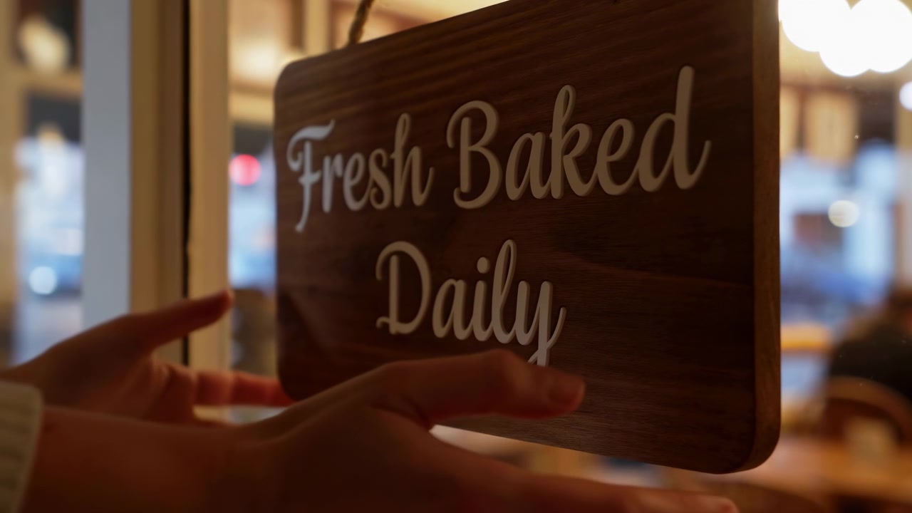 Scena ravvicinata in movimento di una piccola insegna rettangolare in legno con la scritta bianca in corsivo "Fresh Baked Daily", leggermente inclinata e sospesa da un cordino in primo piano di un caldo interno di panetteria con una sfocatura morbida.