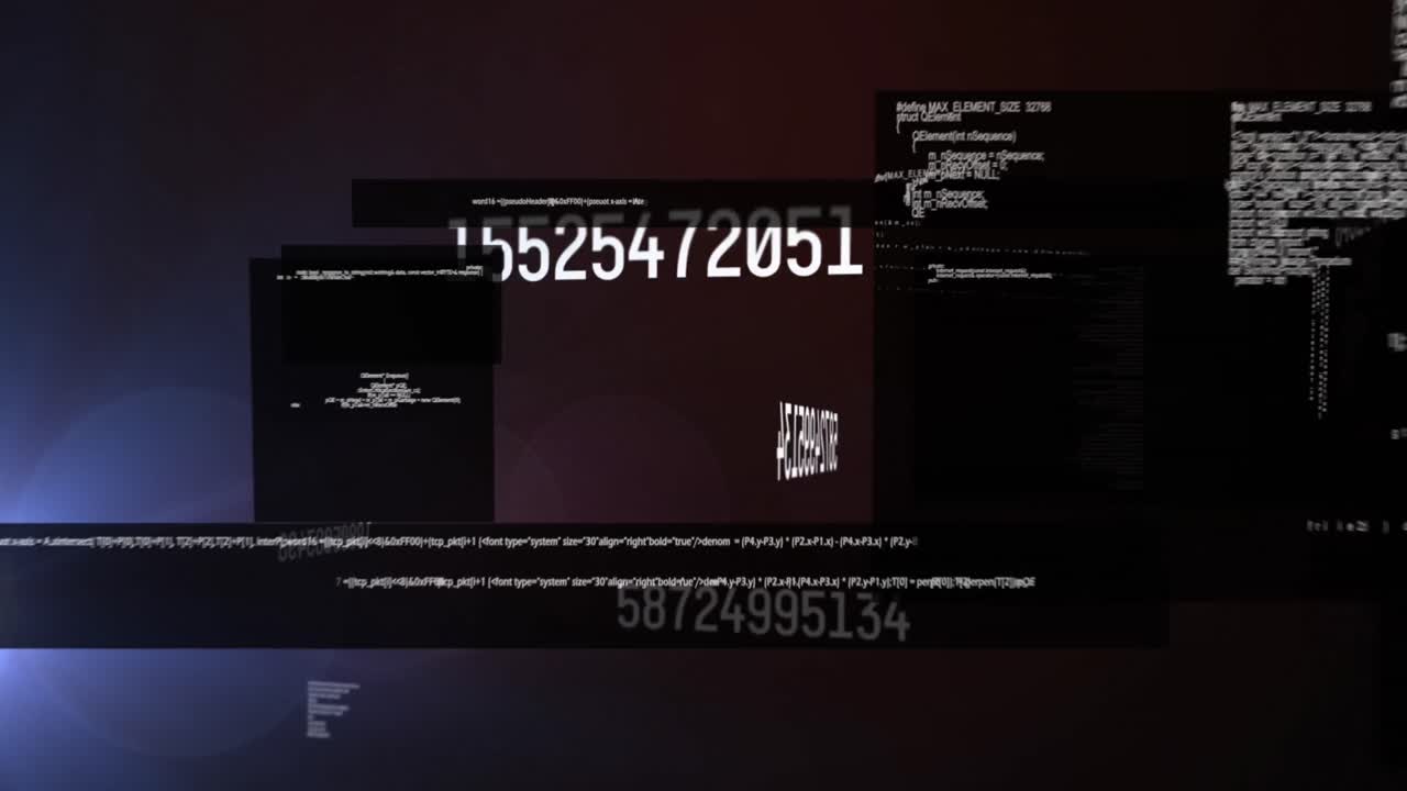 Animation of changing numbers and lens flares over computer language against black background