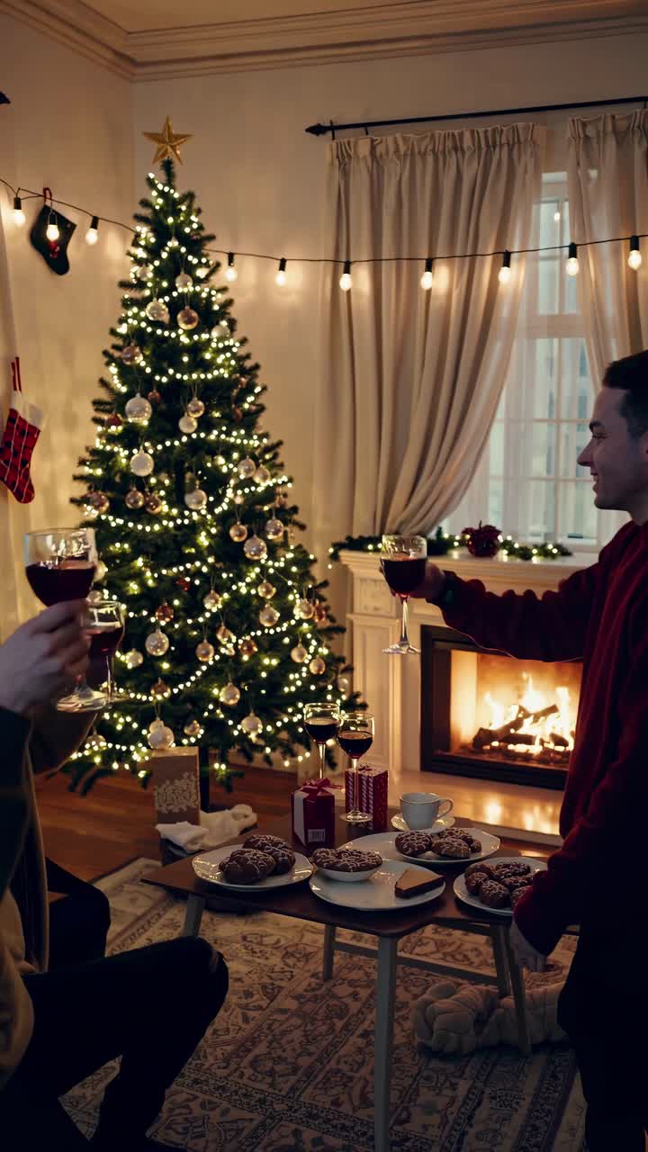 Warm, festive scene with friends toasting by a fireplace and Christmas tree