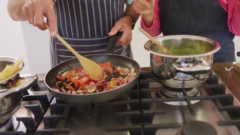 sección media de una pareja mayor diversa que usa delantales y cocina en la cocina