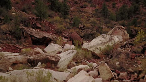 Slow-flight-over-boulders-and-red-rocks-in-canyon