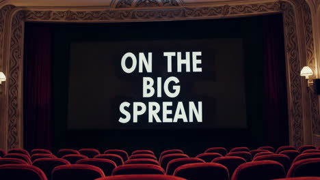 empty classic movie theater with red velvet seats and big screen
