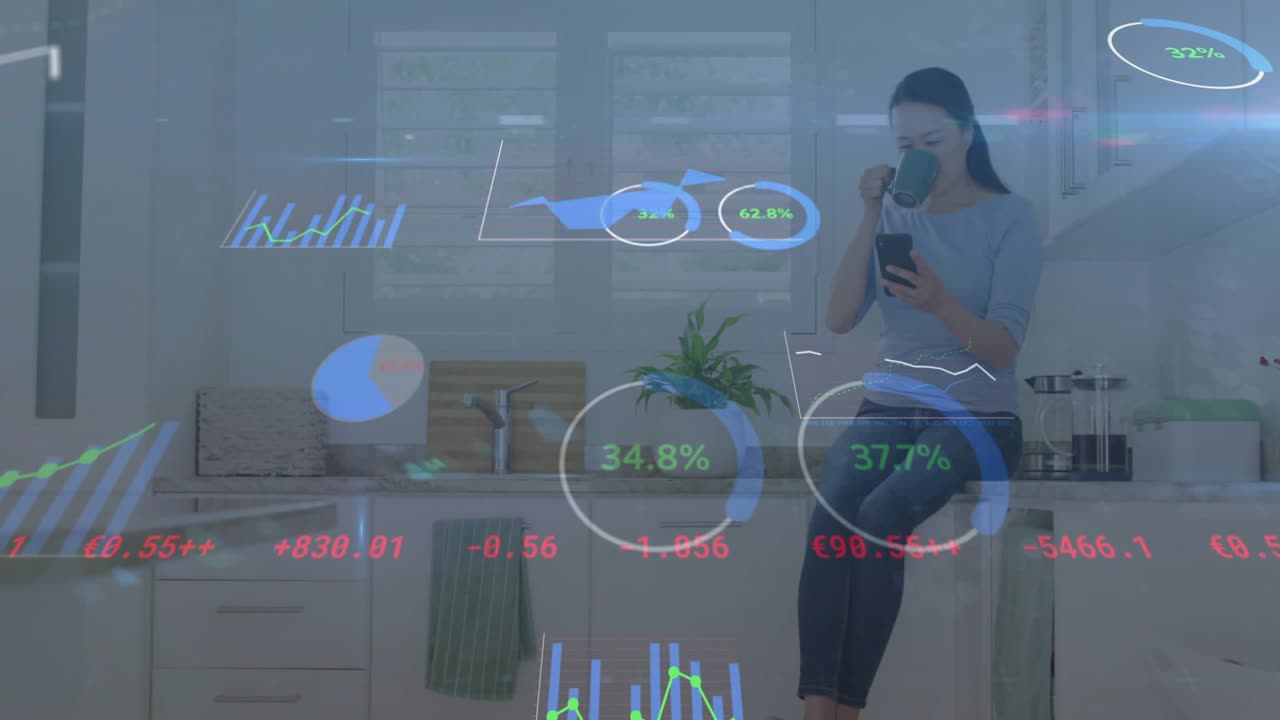 Woman tapping phone launching line bar pie charts while sipping coffee and monitoring metrics