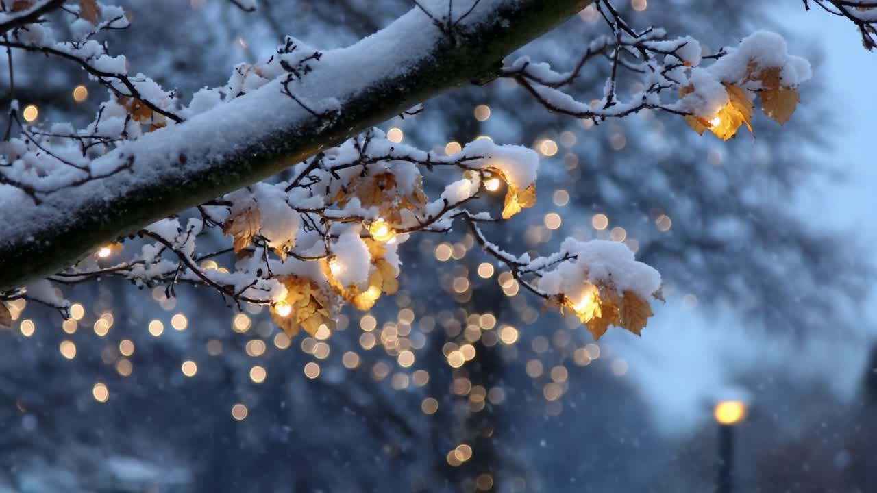A Tranquil Winter Evening Captured: Glowing Lights Amidst Snow-Covered Branches and Gentle Snowfall in a Serene Setting