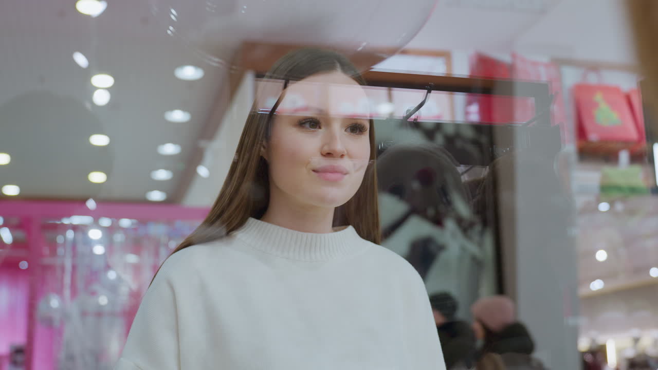 Young woman observing something through glass in a mall, reflections on the glass, with people passing by, showing a lively, bustling shopping environment