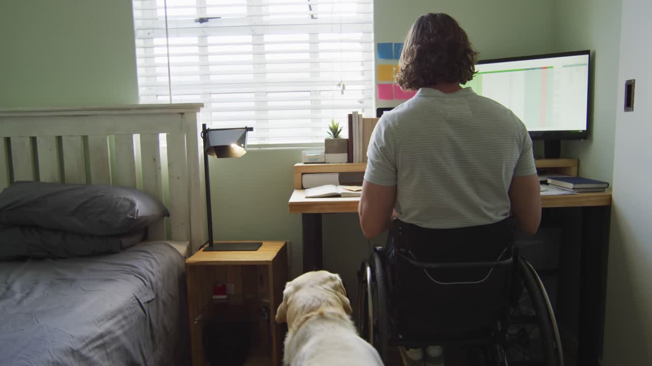 hombre discapacitado caucásico enfocado en silla de ruedas usando computadora en el dormitorio con su perro mascota
