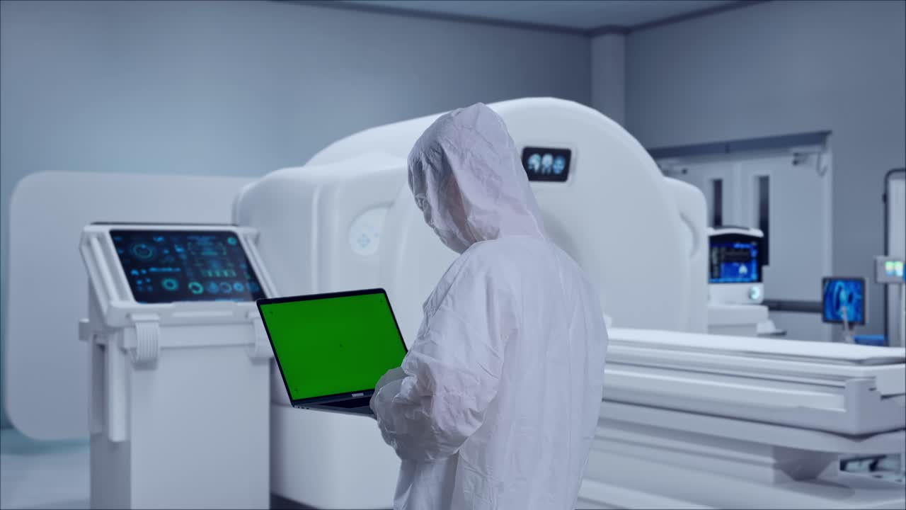 Back View Of Asian Male Scientist Use Green Screen Laptop While Standing With MRI Machine In The Hospital