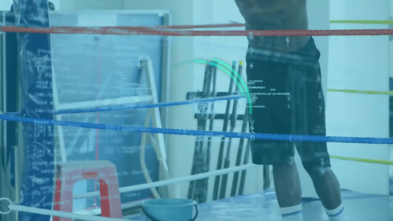 권투 링에  ⁇ 고 있는 남성 권투 선수에 대한 데이터 처리와 디지털 인터페이스