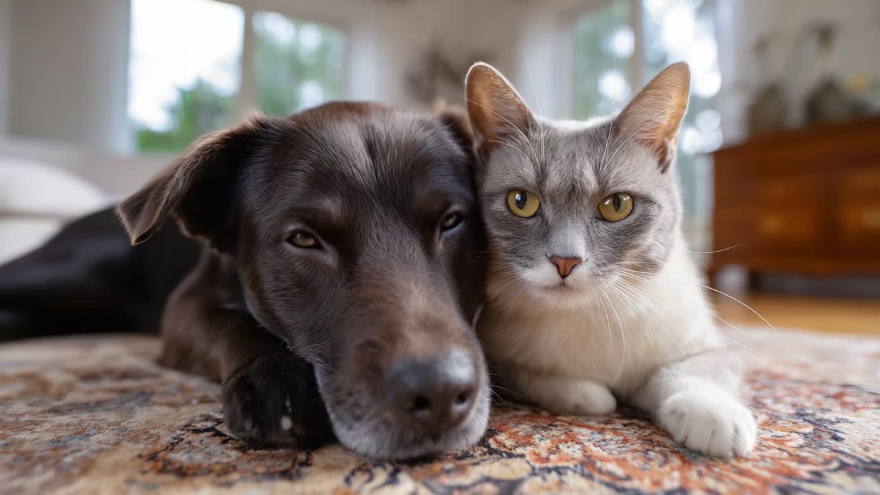 Ein herzerwärmender Moment zwischen Hund und Katze, die die Zweisamkeit in einer gemütlichen Innenumgebung genießen und die Bindung zwischen verschiedenen Haustieren zeigen