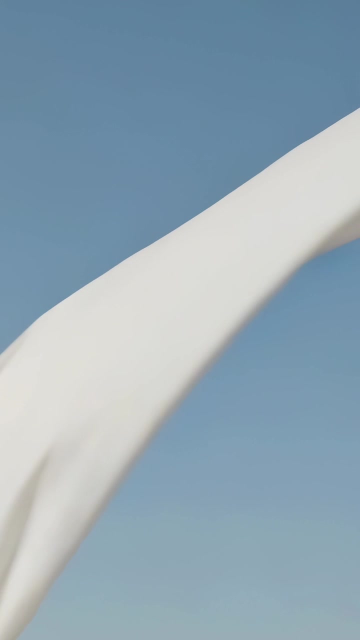Vertical video: Sweeping large off-white fabric drifting diagonally across clear blue sky by breeze