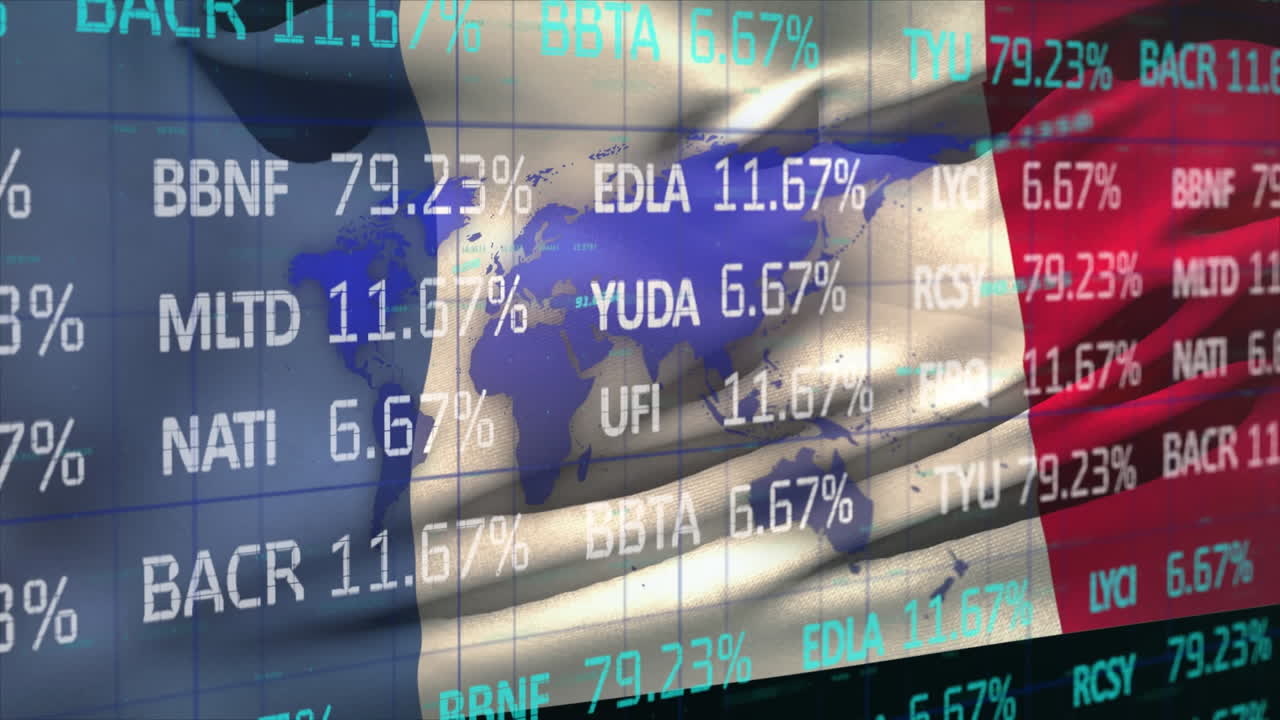procesamiento de datos del mercado de valores y mapa del mundo contra la bandera nacional francesa