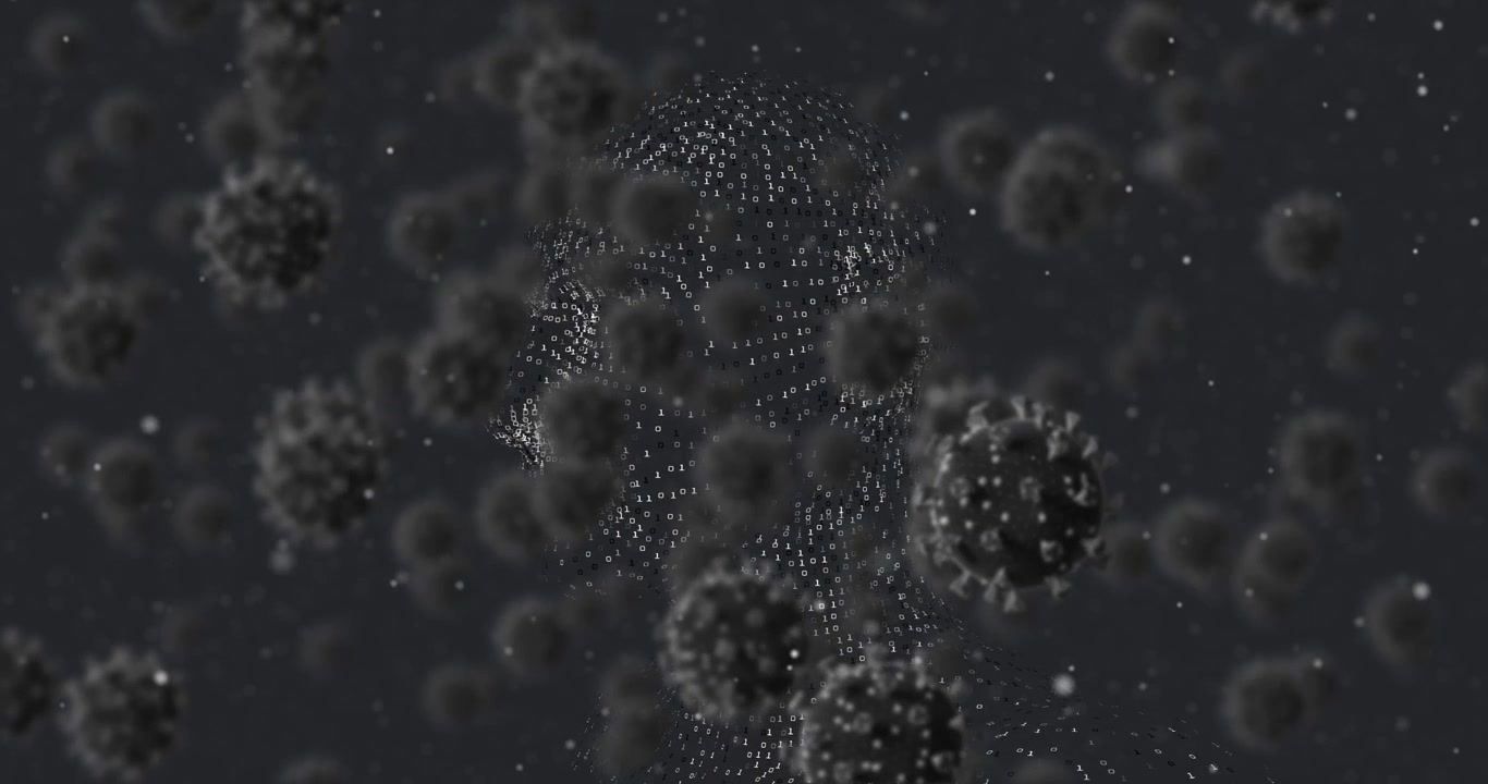Animazione di cellule Covid-19 che cadono su uno sfondo scuro.