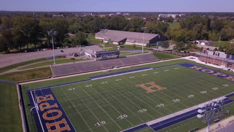 aerial push-out of football field at hope college in michigan, usa