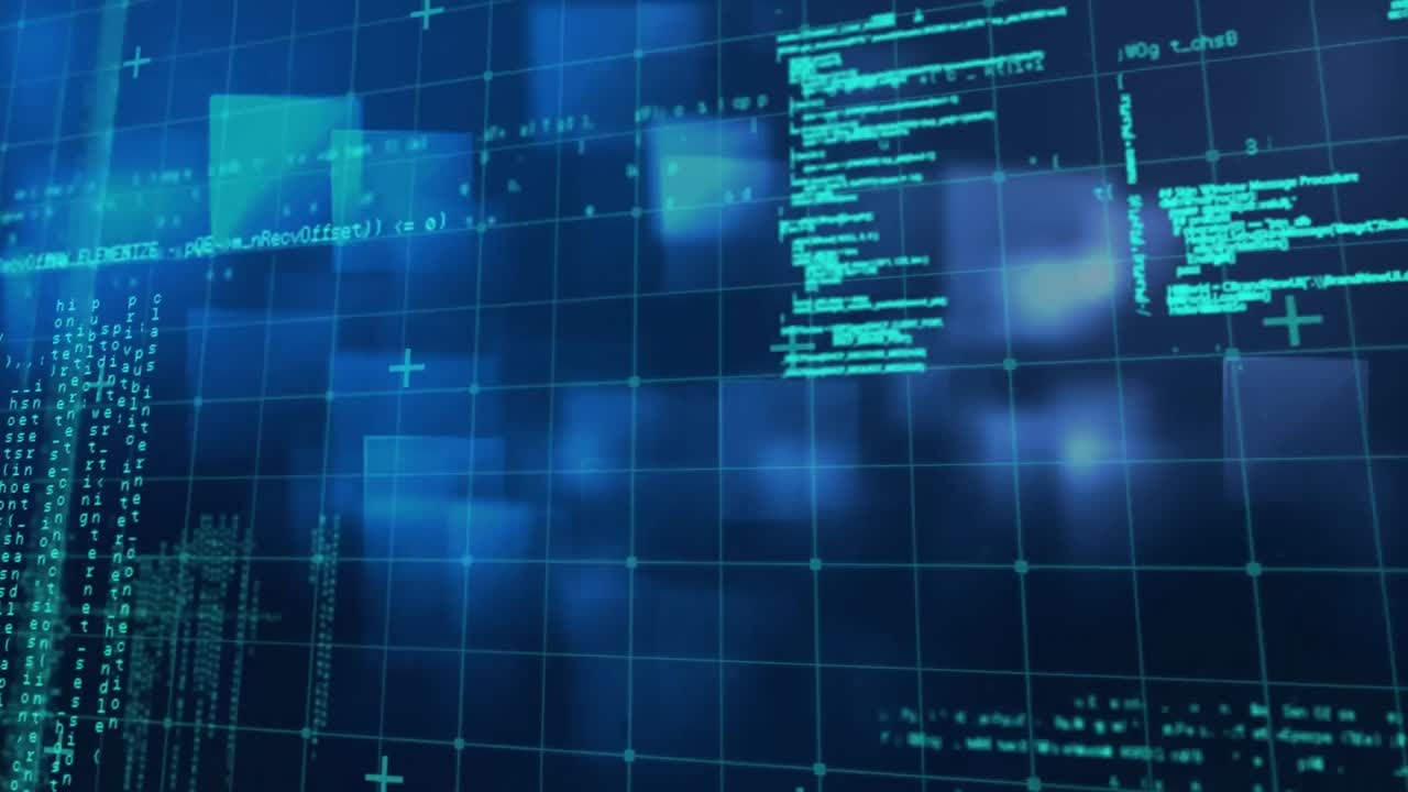 animación del procesamiento de datos digitales sobre cuadrícula sobre fondo azul