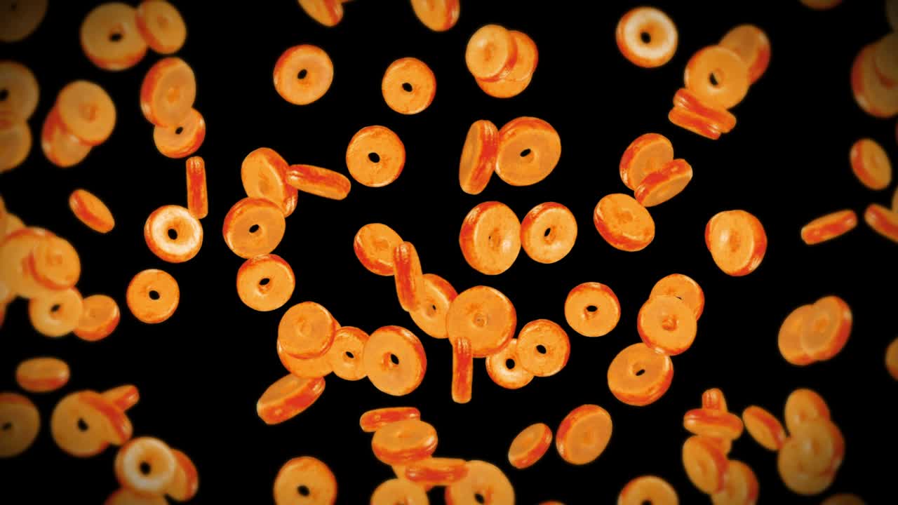 volando muchas rosquillas planas en fondo negro. pastel de rosquillas, dulces, postre. animación en 3d de la rotación de las rosquillas. animación de bucle.