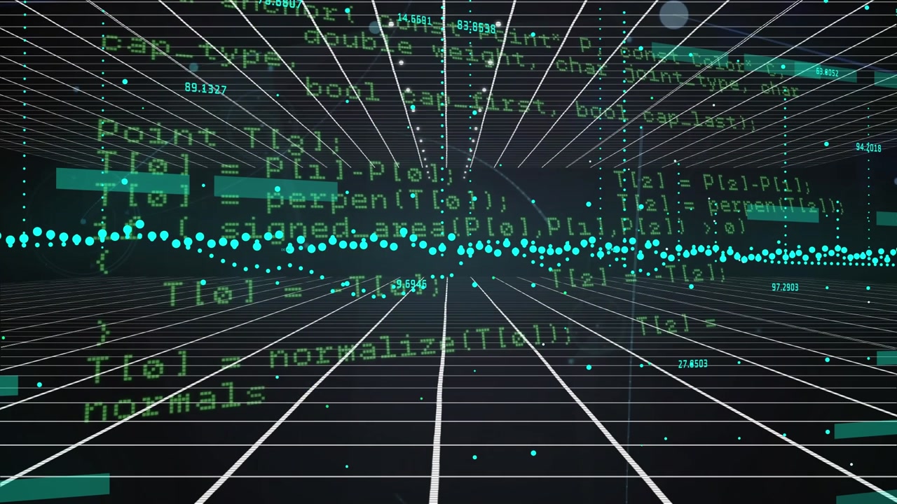 Animation of graphs and data processing in black and violet digital space