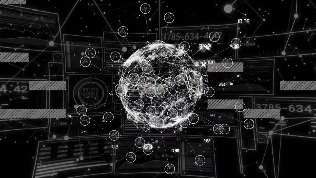 Animation of data processing and globe with network of connections on black background