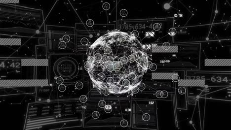 animation of data processing and globe with network of connections on black background