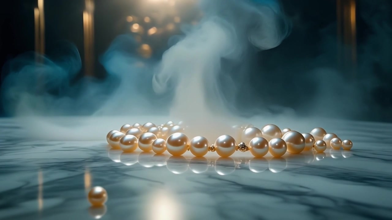 Elegante collana di perle che poggia su una superficie di marmo con volute di fumo