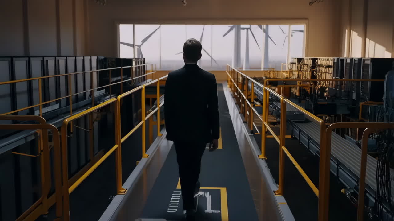 Businessman walking in a modern renewable energy facility with wind turbines