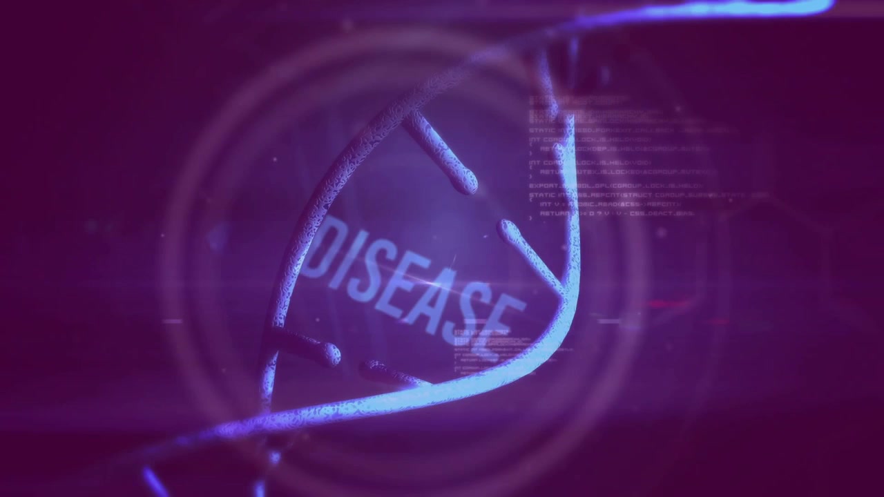 Logo esagonale color verde acqua che scorre all'interno, avviando una scansione HUD mentre un'elica ciano si sposta a destra, mostrando dati sulle MALATTIE.