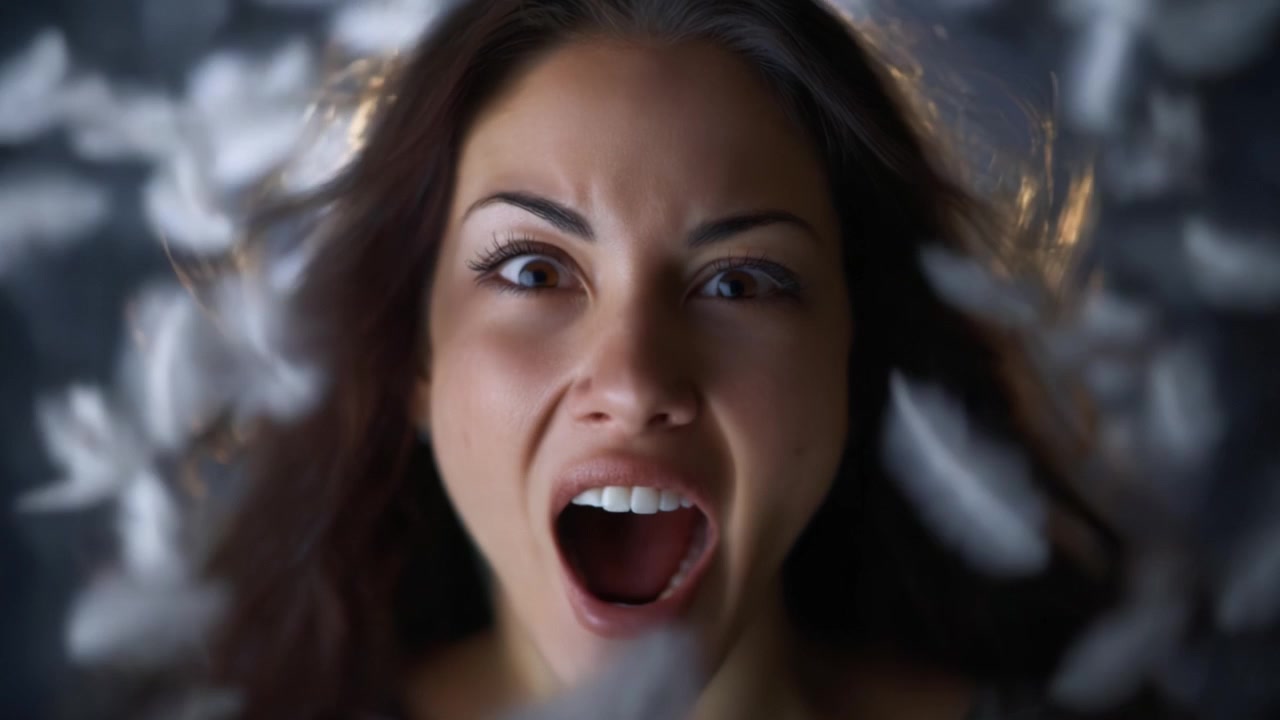 Dramatic Expression of Emotion: Woman Shouting Amidst Flurry of Feathers Captured in Two Compelling Frames that Evoke Intensity and Passion of the Moment
