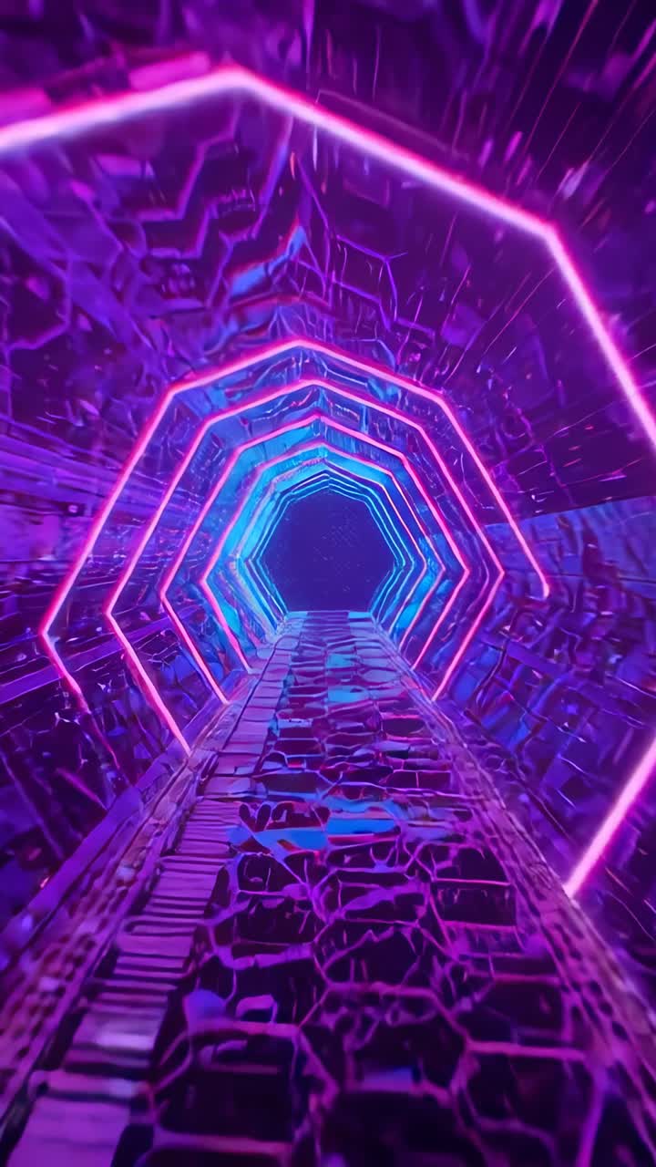 Vertical video: Starting camera gliding through neon hexagon archways revealing pulsing rings