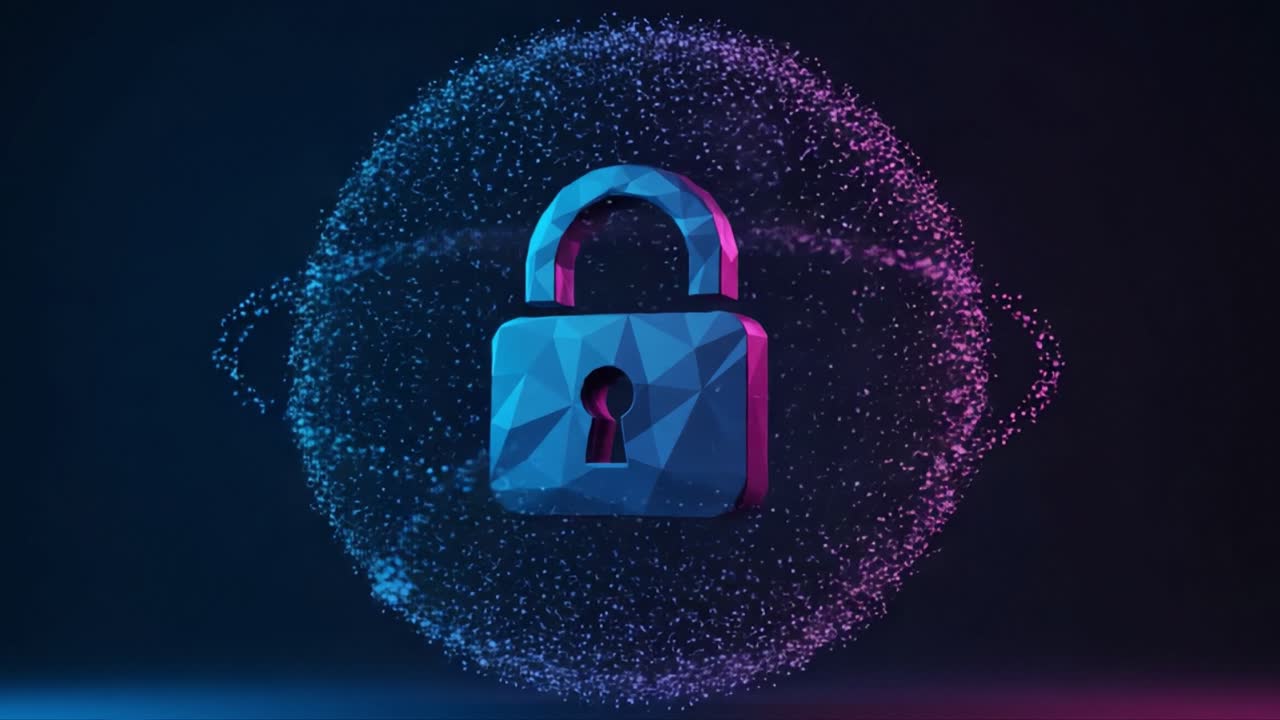A Stunning Visual Representation of Digital Security with a Geometric Lock Surrounded by a Dynamic Particle Field Signifying Protection and Privacy