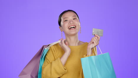 shopping bag, credit card and retail with asian