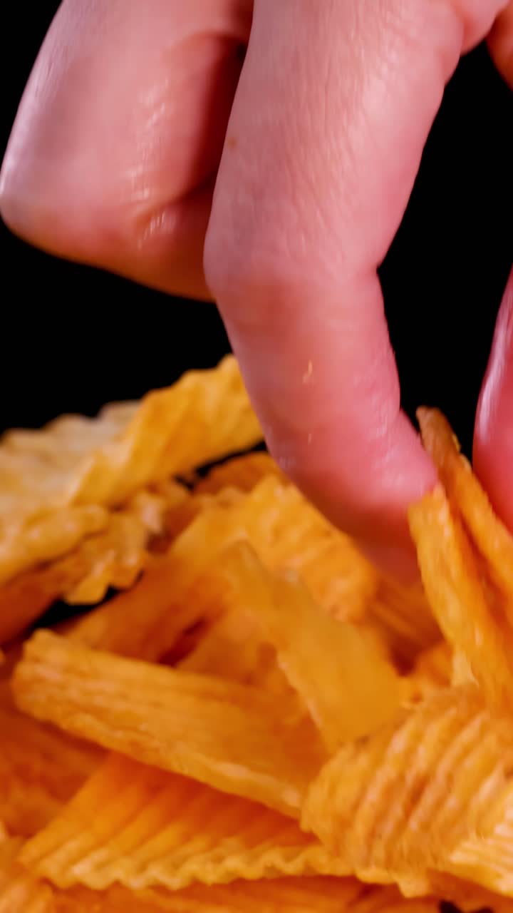 Human hand selects and lifts ridged potato chip from pile, studio lighting, close-up view