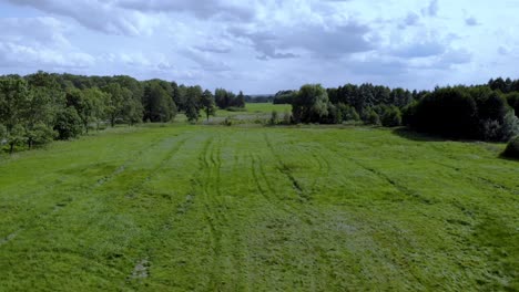 aerial footage over village space, beautiful green field, fresh grass and natural landscape, eastern poland, magical sky and high trees on horizontal