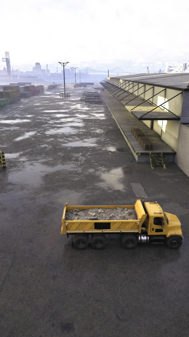 Yellow truck on wet pavement in an industrial area cloudy day