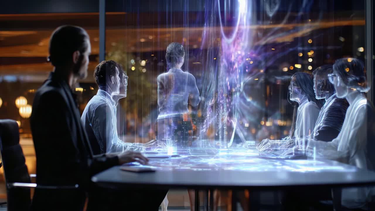 A futuristic meeting scene where a holographic figure captivates an audience engaged in a high-tech discussion, depicting the convergence of technology and human interaction in a sleek environment