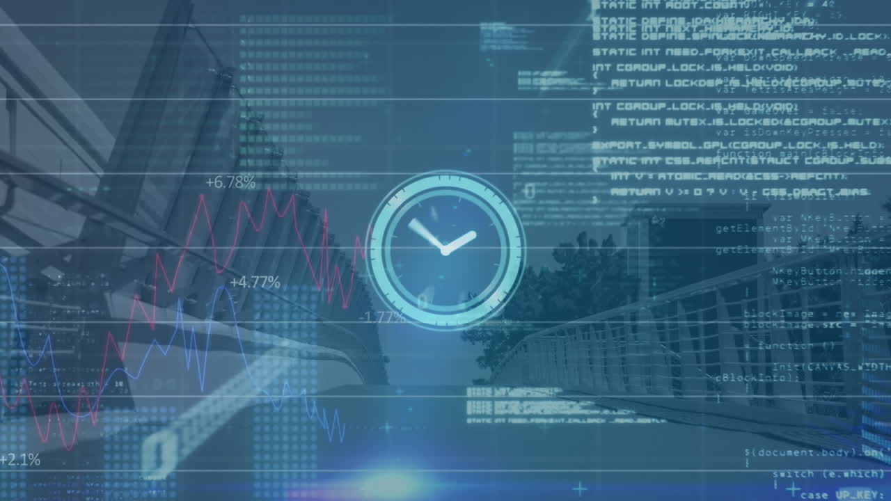 Animation of neon ticking clock, statistical data processing and blue light spot against city bridge